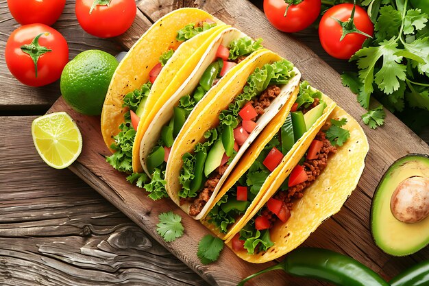 une variété de tacos, de tomates et de laitue sont sur une planche en bois