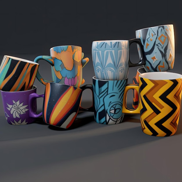 Une variété de tasses en poterie peintes à la main dans différentes couleurs et motifs