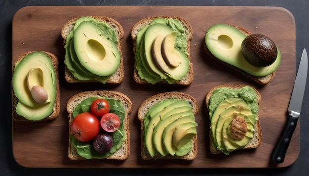 Une variété de toasts d'avocat savoureux et sucrés sur une planche à couper