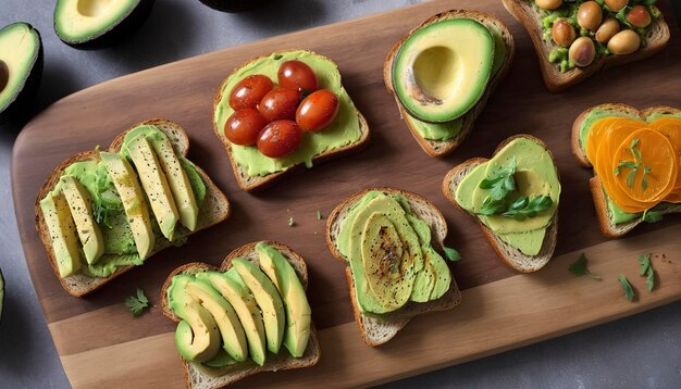 Une variété de toasts d'avocat savoureux et sucrés sur une planche à couper