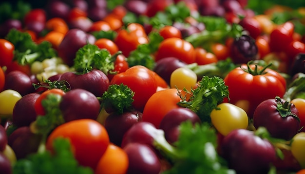 Une variété de tomates fraîches colorées et de persil en gros plan