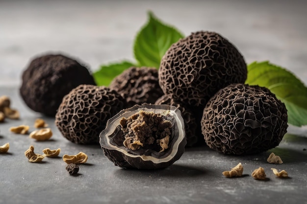 Une variété de truffes fraîches avec des feuilles vertes sur un fond sombre