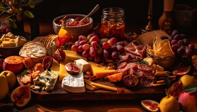Variété de viandes gastronomiques, fromages et fruits générés par l'IA