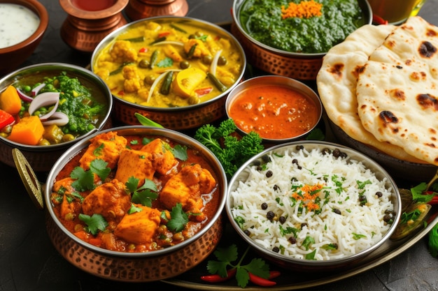 Variétés alimentaires indiennes au curry, beurre, poulet, biryani et plus encore