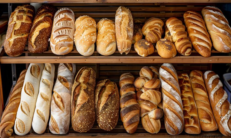 Photo des variétés de pain fraîchement cuit exposées sur des étagères dans une boulangerie