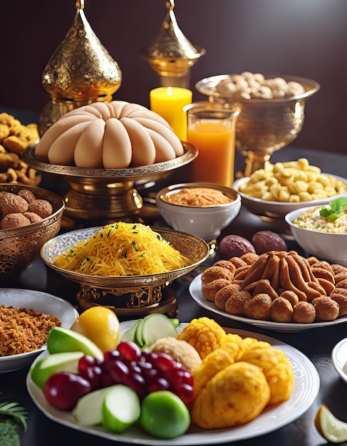 Photo various foods on the table in eid alfitr celebration for eid alfitr background