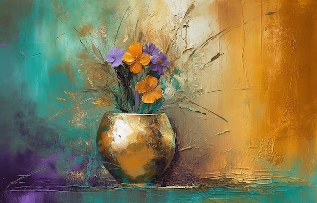 Vase abstrait peinture or moderne Plantes fleurissent dans un vase élément or
