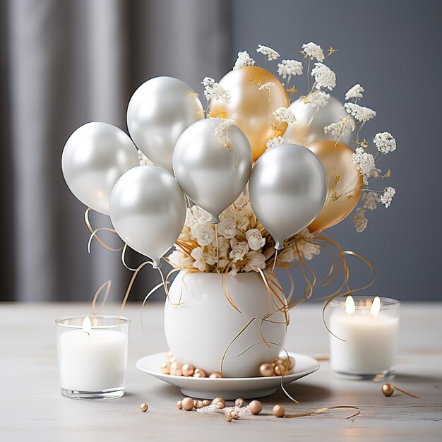 un vase de ballons et de fleurs blancs et argentés sur une table