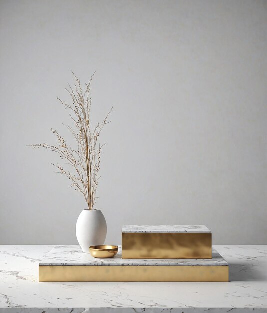 un vase blanc avec une base en or sur une table en marbre