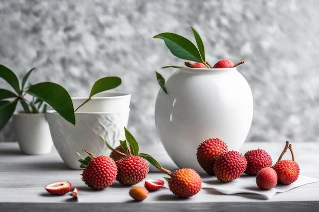 un vase blanc avec un bouquet de baies et une tasse avec une plante dessus