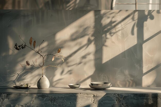 Vase blanc sur le comptoir à côté du bol dans le jardin zen AI générative