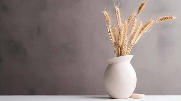 Un vase blanc avec des épis de blé sur une table.