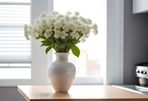 Vase blanc avec des fleurs blanches sur un comptoir de cuisine avec une fenêtre et des stores en arrière-plan