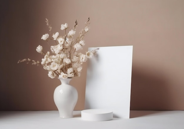 Un vase blanc avec des fleurs à côté d'une image blanche.