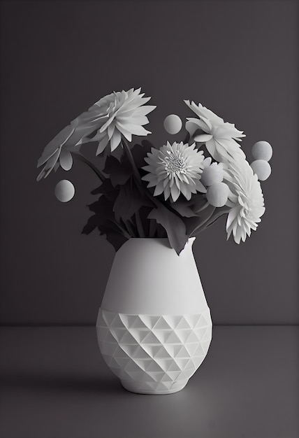 Un vase blanc avec des fleurs et un fond blanc.