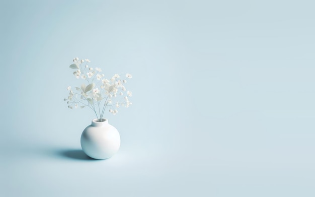 Vase blanc avec des fleurs sur un fond bleu pastel Espace de copie pour le logo du message publicitaire textuel