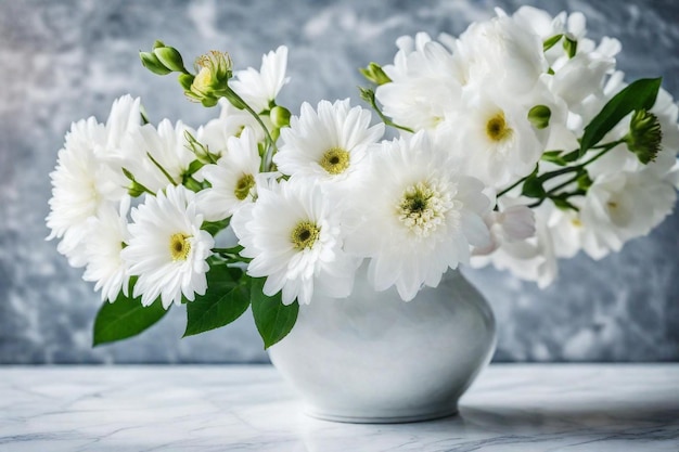 un vase blanc avec des fleurs et un fond gris