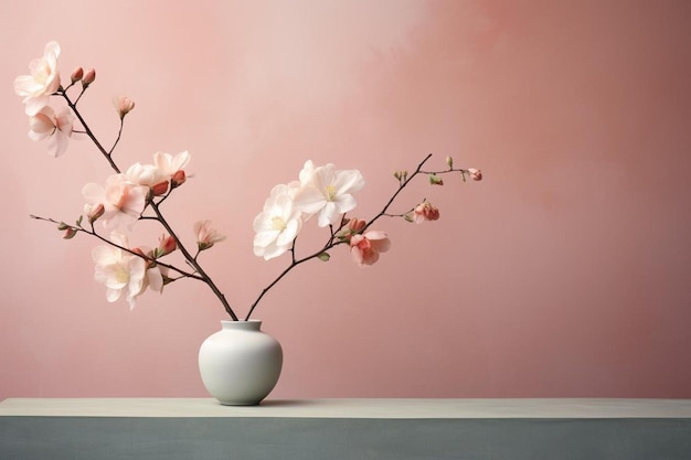 un vase blanc avec des fleurs et un fond rose