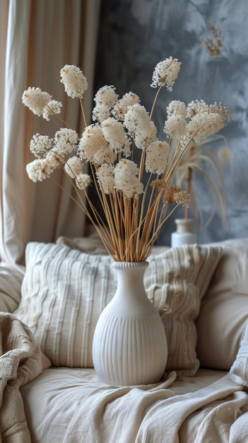 Vase blanc avec des fleurs sur le lit