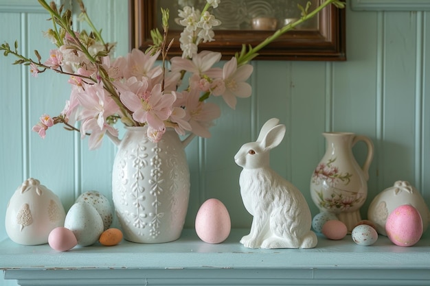 Vase blanc avec des fleurs et des œufs roses