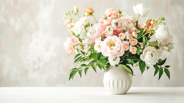 un vase blanc avec des fleurs roses et blanches sur une table