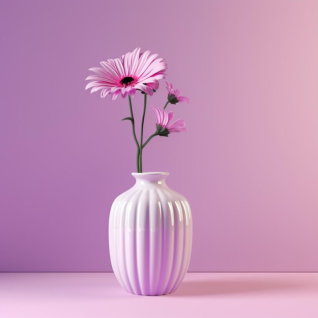 un vase blanc avec des fleurs roses et un fond violet.