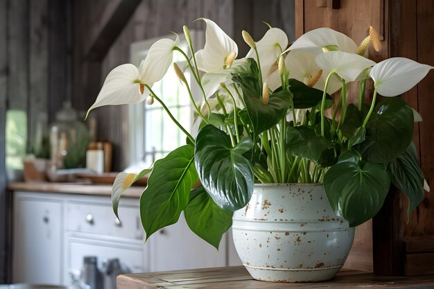 Un vase blanc avec des fleurs sur une table dans une cuisine.