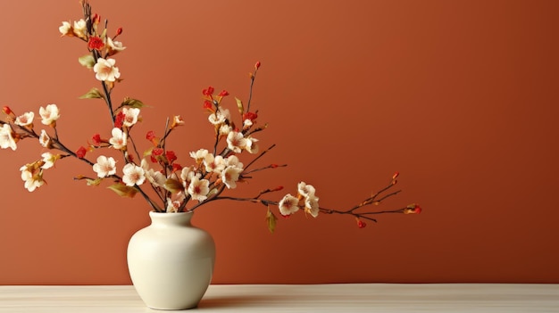 Un vase blanc avec des fleurs sur une table IA générative