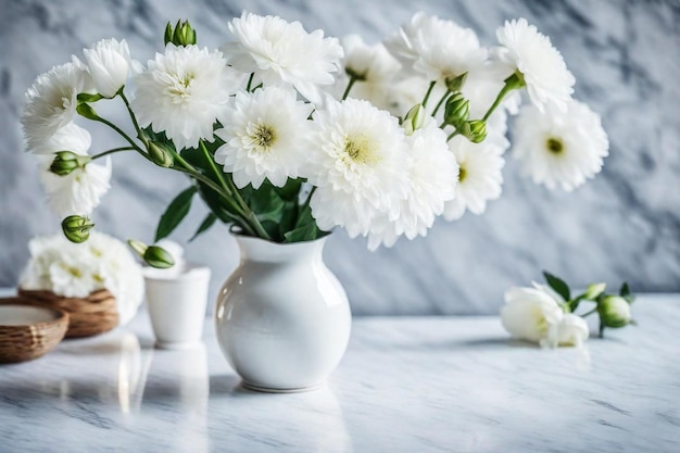 un vase blanc avec des fleurs et des vases sur une table