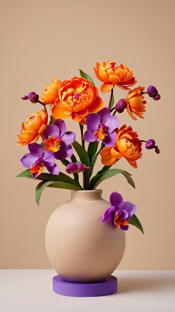 Vase blanc avec des fleurs violettes et orange