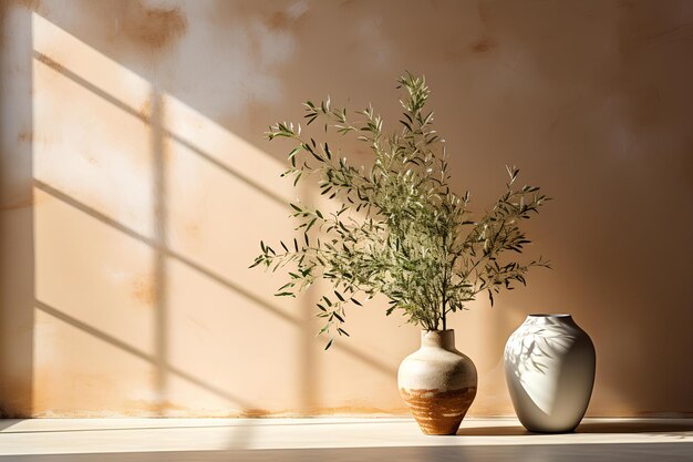 Un vase blanc et gris avec une branche verte dedans