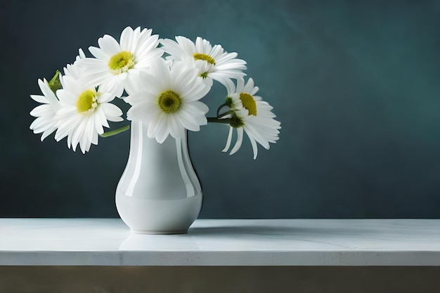 Un vase blanc avec des marguerites et un fond vert.