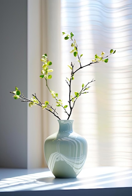 un vase blanc avec une plante assise à côté d'une fenêtre dans le style vert clair et argent