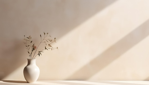 Vase blanc avec plante et ombre sur mur beige