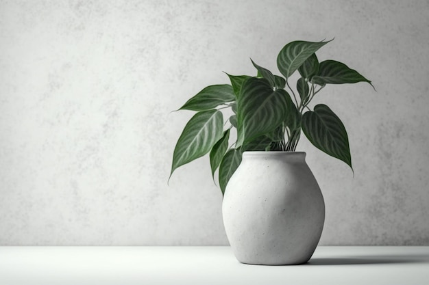 Un vase blanc avec une plante verte dedans et le mot " dessus "