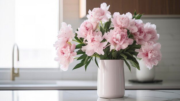 Un vase blanc plein de fleurs roses est posé sur le comptoir