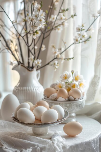 Un vase blanc rempli d'œufs sur la table