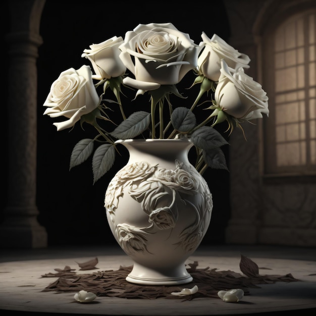 Photo un vase blanc avec des roses et des feuilles