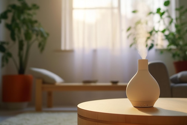 Un vase blanc sur une table dans un salon avec une plante sur la table.