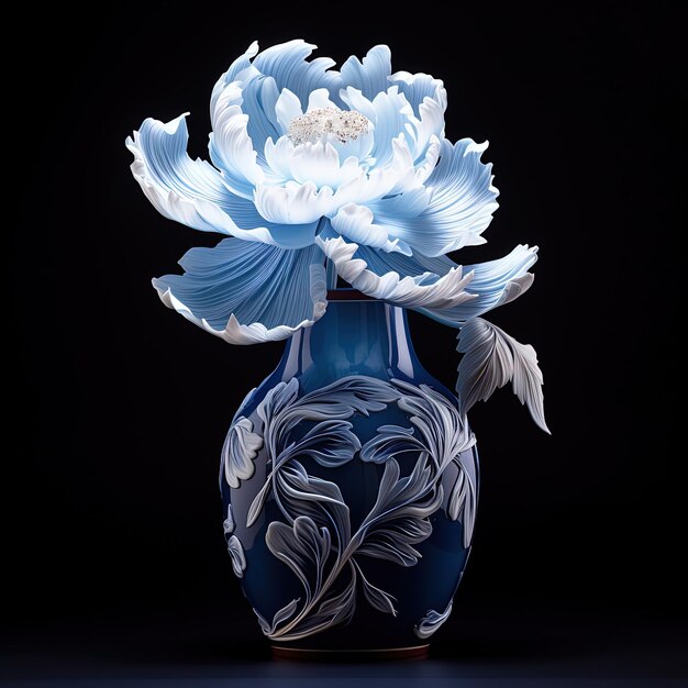 un vase bleu et blanc avec une fleur au milieu