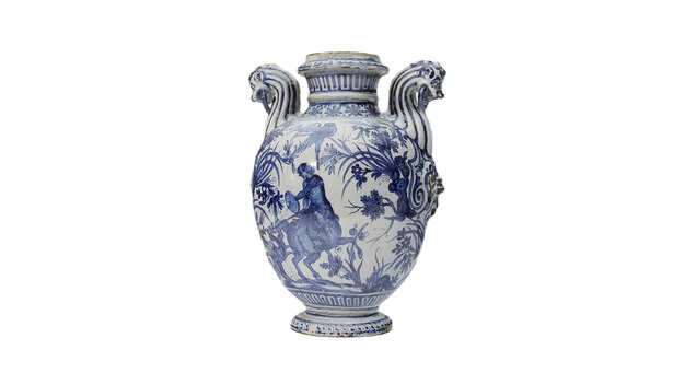 Un vase bleu et blanc avec un homme dessus