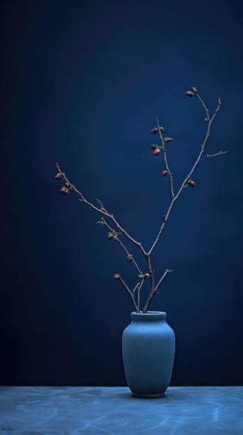 Un vase bleu avec une branche