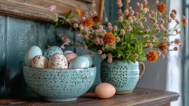 Vase bleu avec des fleurs et des œufs roses