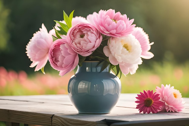 Un vase bleu avec des fleurs roses sur une table en bois