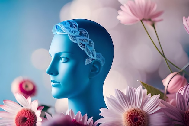 un vase bleu avec des fleurs et une tête de femme.