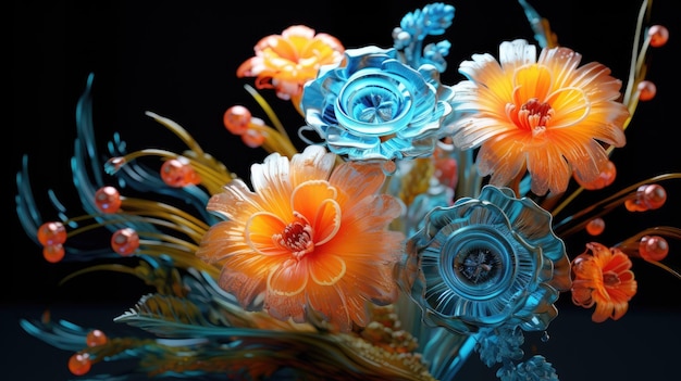 Un vase bleu et orange avec des fleurs dessus