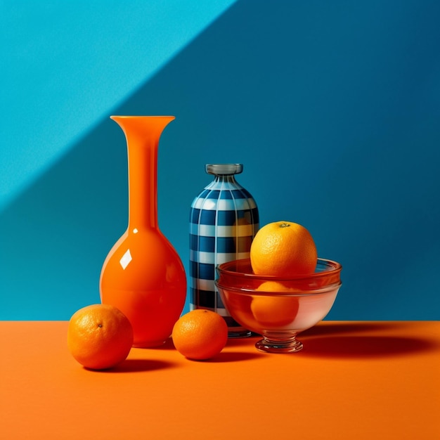 Un vase bleu et orange avec des oranges et une bouteille d'eau.