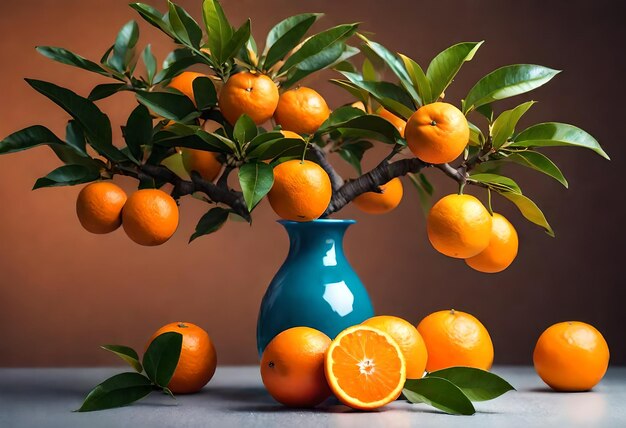 un vase bleu avec des oranges et un vase Bleu avec des orange dessus