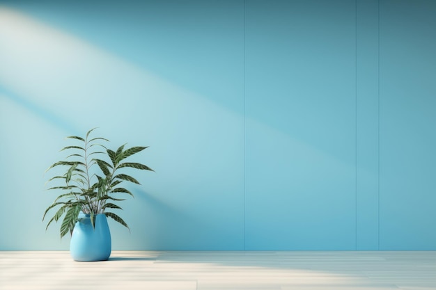 Un vase bleu avec une plante est posé sur un plancher en bois.