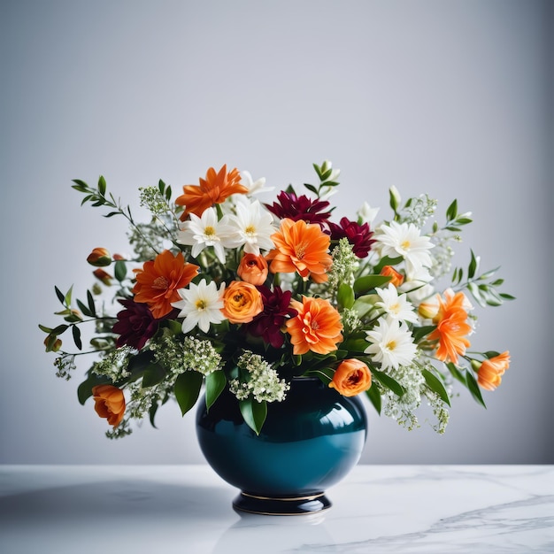 Un vase bleu rempli de fleurs orange et blanches